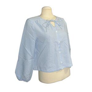 Halara Long Sleeve Keyhole Tie Front Striped Casual Career Peasant Blouse Sz Sma